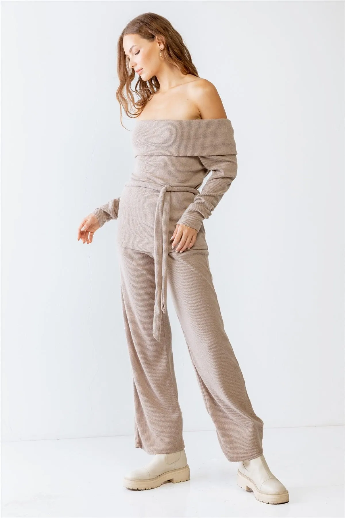 Mocha Ribbed Soft To Touch Off-The-Shoulder Belted Top & Two Pocket High Waist Pants Set S-M-L/1-2-2