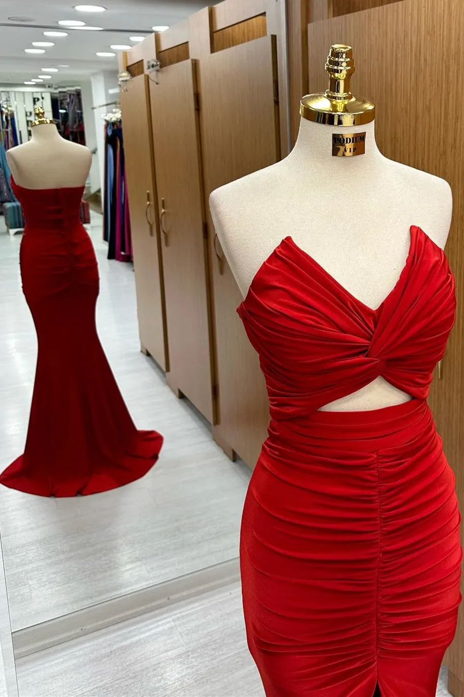 Monique | Red Strapless Twisted Knot Mermaid Long Formal Dress with Slit