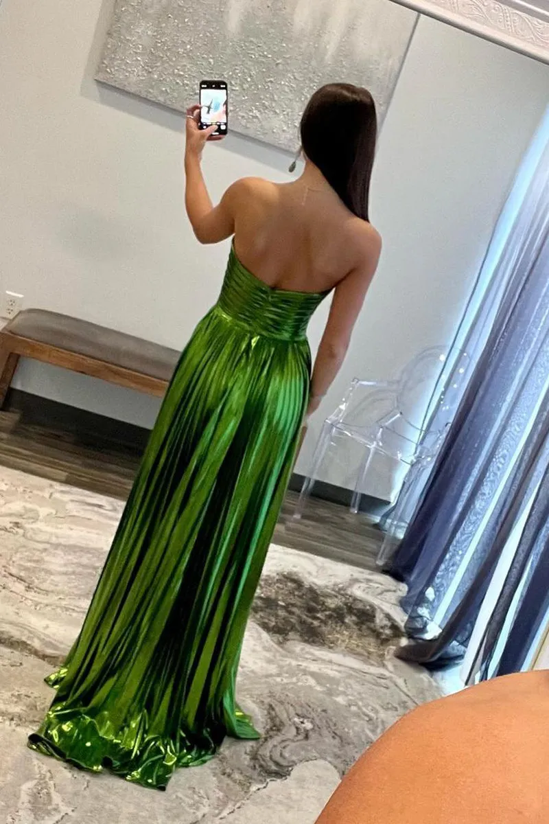 Oakley | Green Metallic Strapless Pleated A-Line Long Prom Dresses