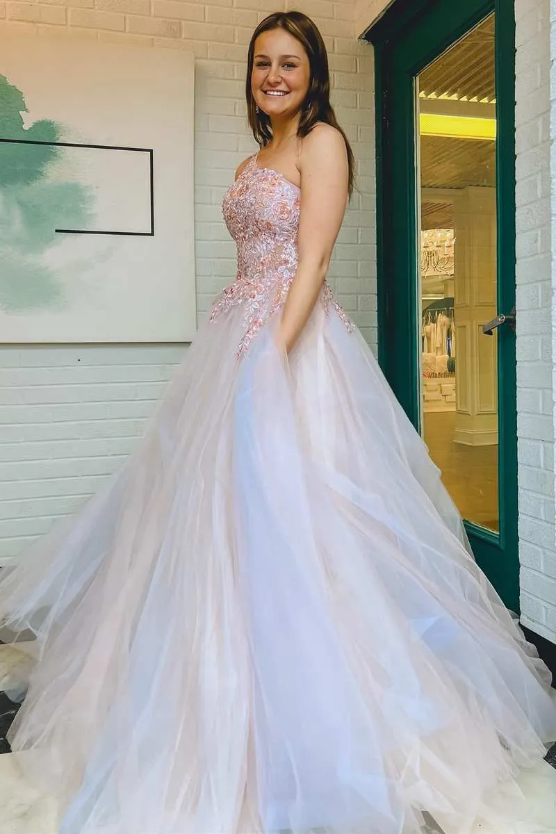 Ombre Tulle Floral Lace One-Shoulder A-Line Long Prom Dress