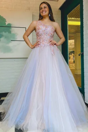 Ombre Tulle Floral Lace One-Shoulder A-Line Long Prom Dress