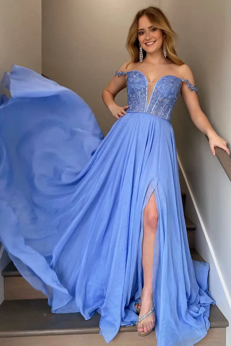 Periwinkle Off-the-Shoulder A-line Princess Prom Gown