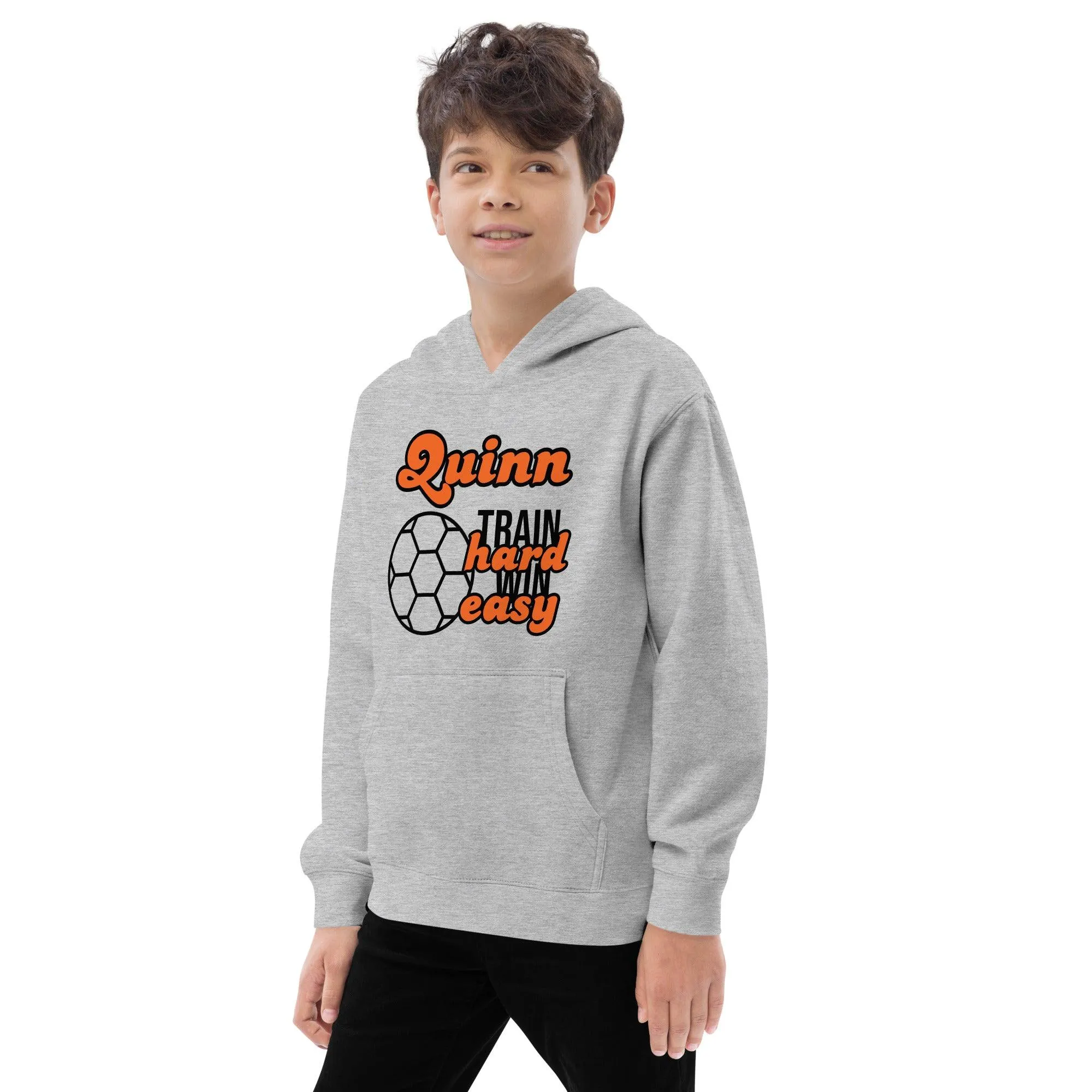 Personalize it! Kids Fleece Hoodie Train Hard Win Easy Soccer