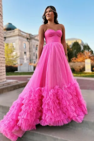 Rachael | Pink Sweetheart Tiered Tulle Long Prom Dresses