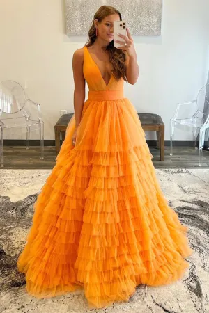 Reese |A-line Orange V-Neck Tulle Long Prom Dress