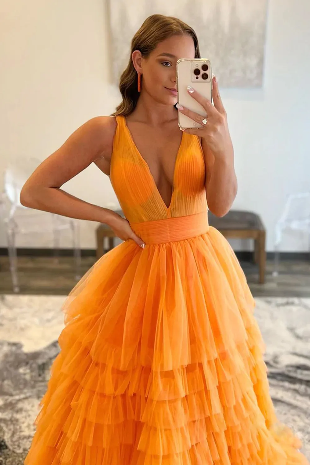 Reese |A-line Orange V-Neck Tulle Long Prom Dress