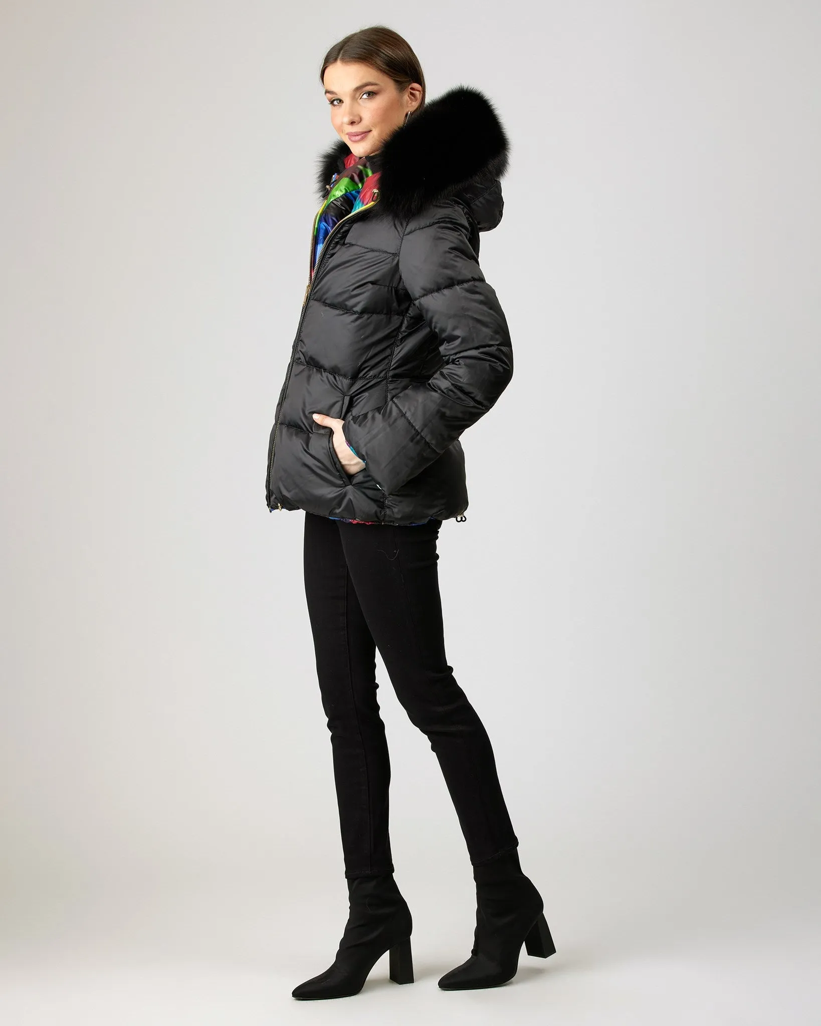 Reversible Après-Ski Jacket with Detachable Fox Hood Trim