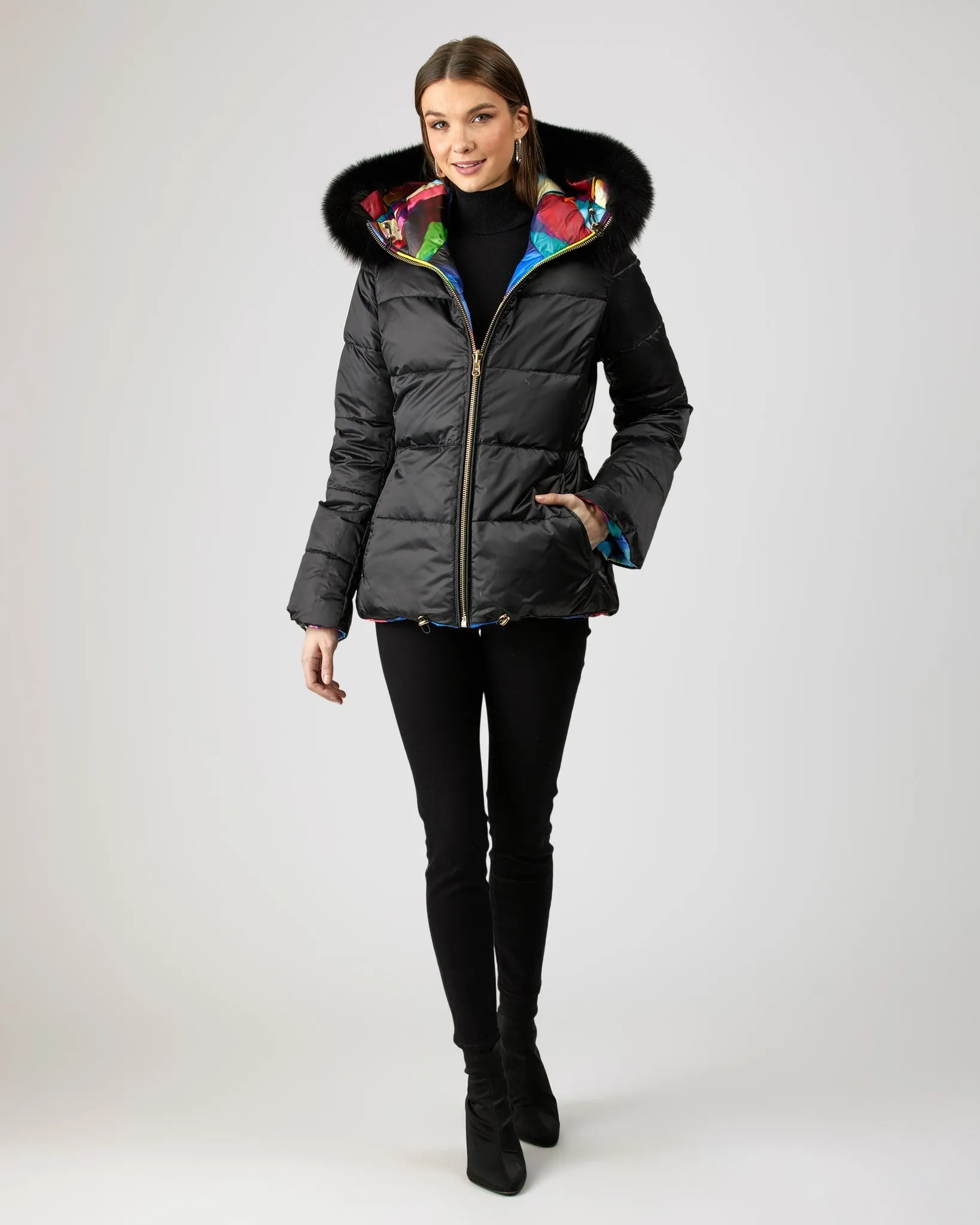 Reversible Après-Ski Jacket with Detachable Fox Hood Trim