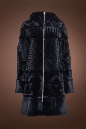 Reversible Hooded Grooved Navy Blue Sheared Mid-Length Mink Fur Coat