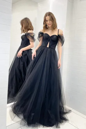 Romina | Black Tulle Sweetheart Floor Length Prom Dress, Black Tulle Off Shoulder Evening Dress