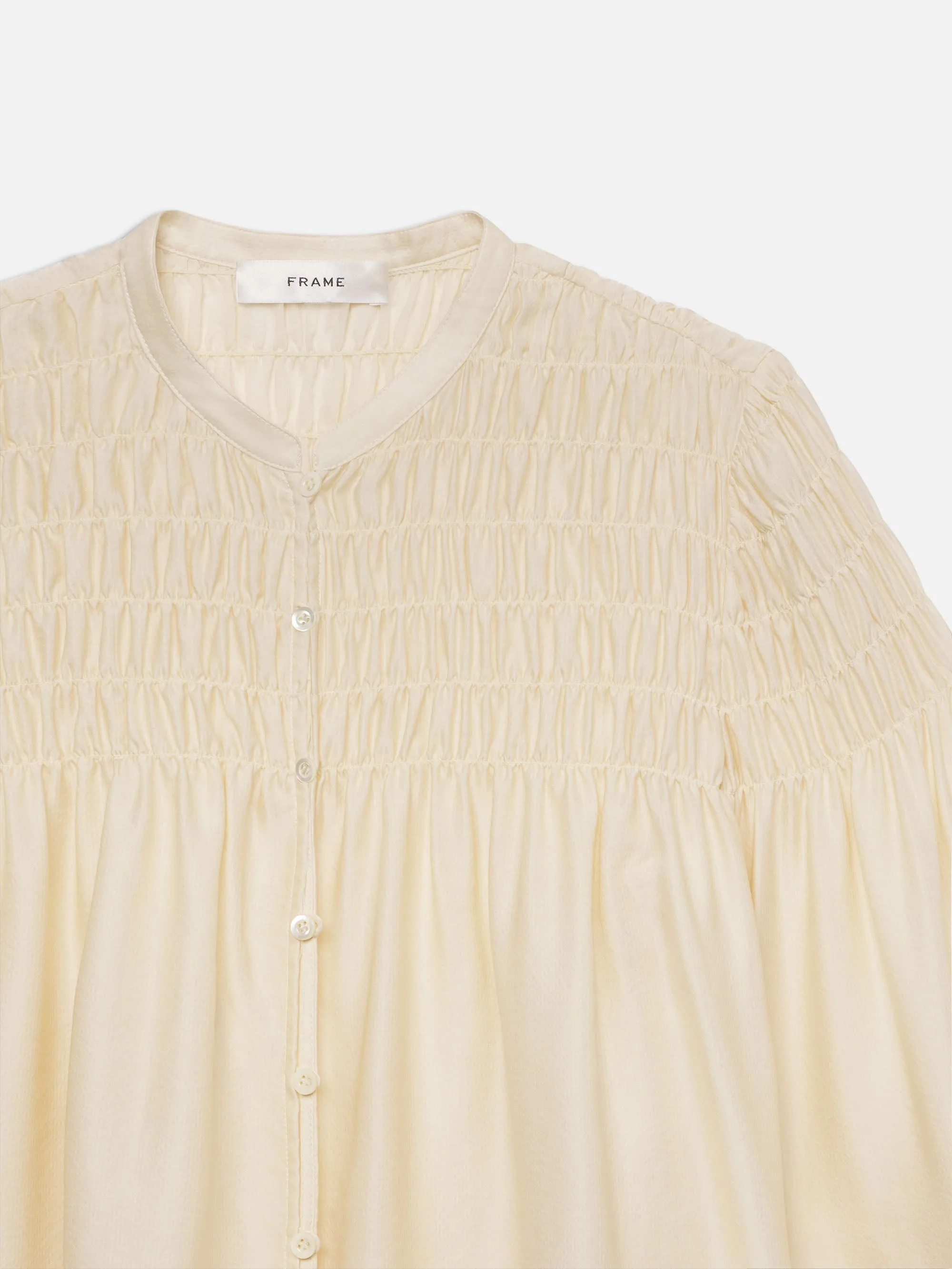 Smocked Collarless Blouse -- Champagne