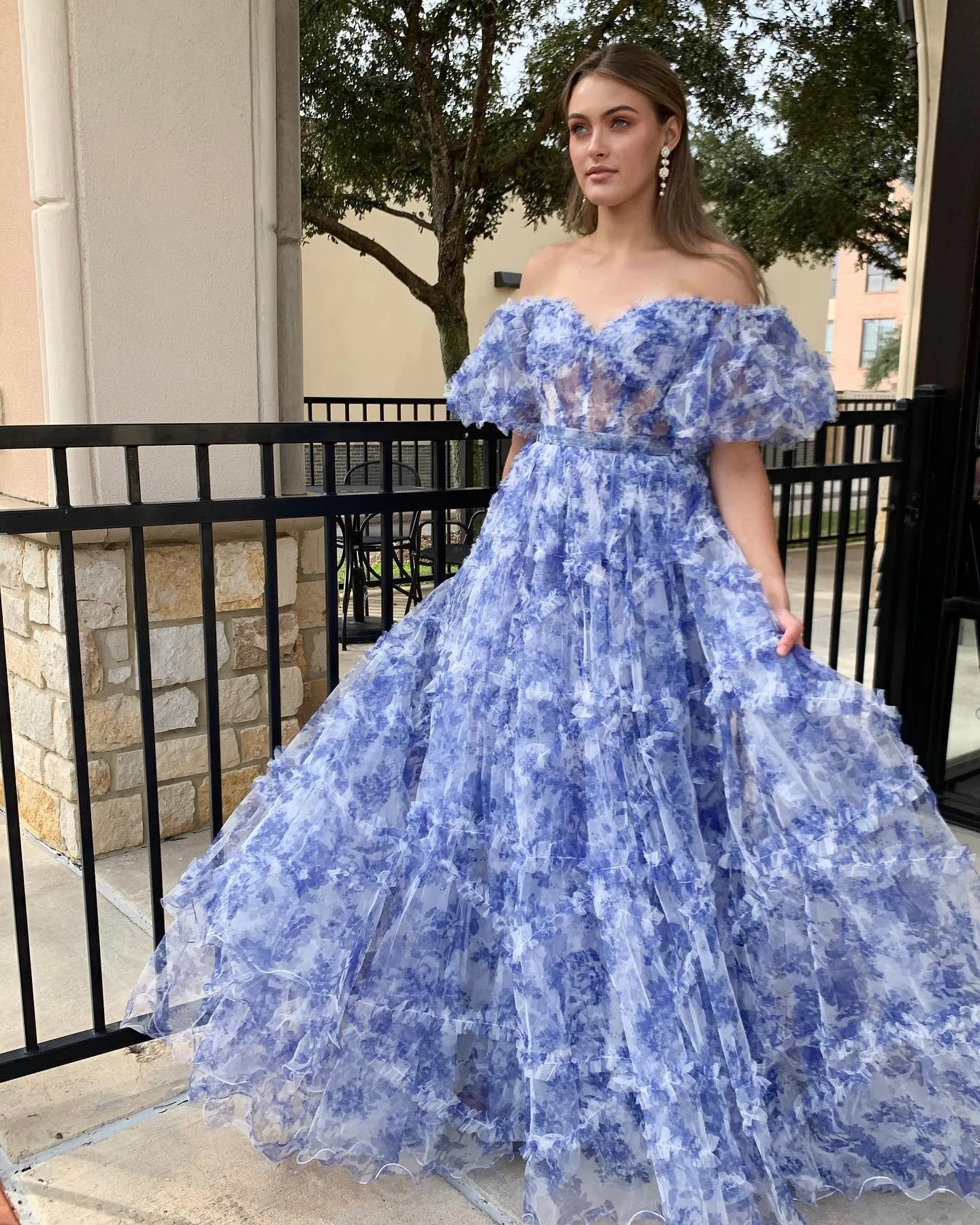 Sydney| Off the Shoulder Blue Floral Print Ruffled Tulle Prom Dress