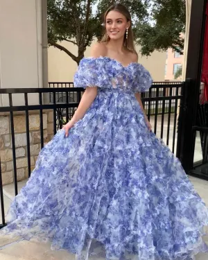 Sydney| Off the Shoulder Blue Floral Print Ruffled Tulle Prom Dress