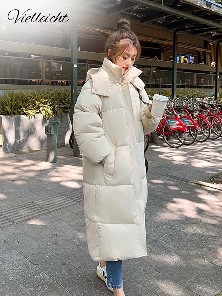 Vielleicht 2022 Korean Jacket Women Winter X-long Parkas Solid Hooded Thicken Warm Female Snow Wear Coat Padded Loose Clothes