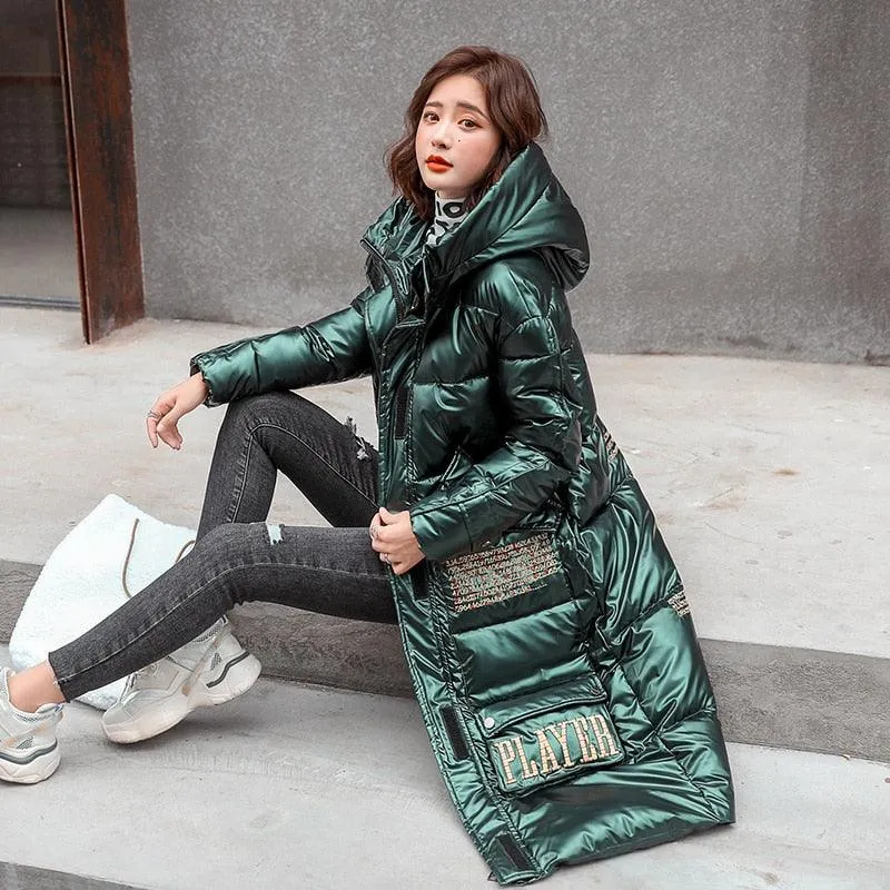 Women Long Winter Coat with Hood Women's Parkas Shiny Female Coat Plus Size Hooded Stand Collar With Zipper