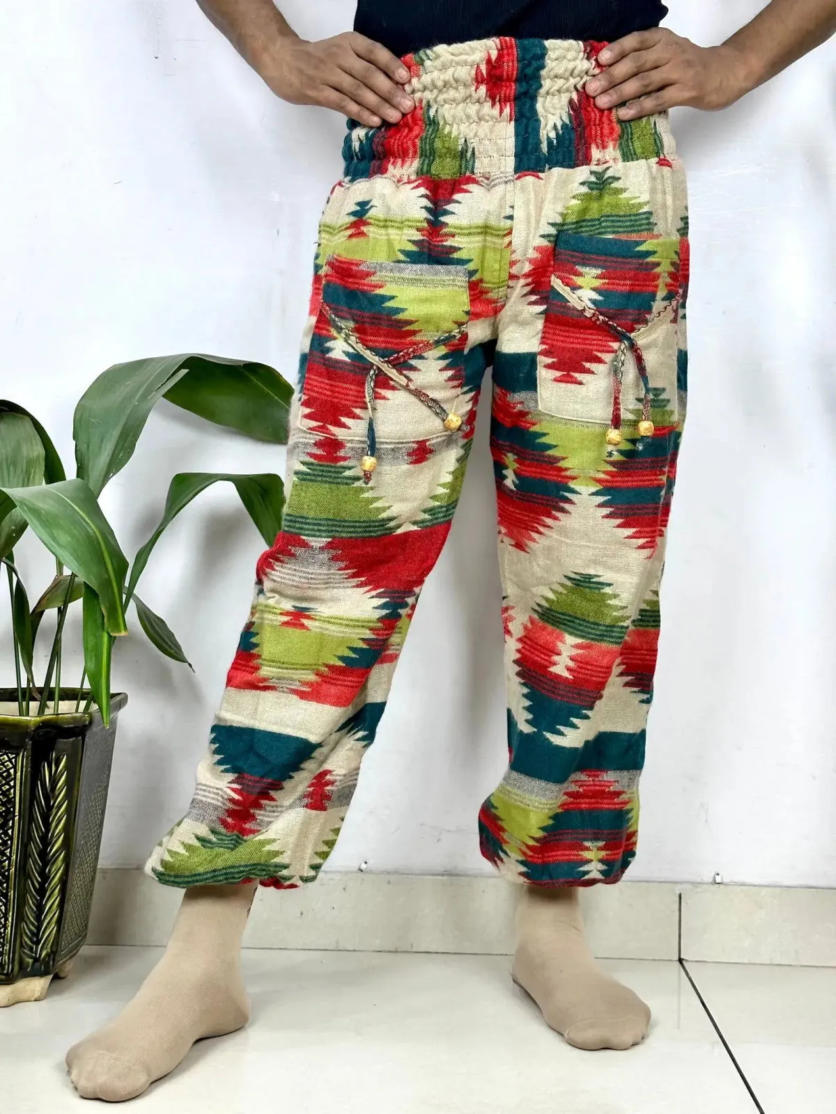 Yak Wool Blend Boho Unisex Hareem Pant Aztec Geometric Non Itchy Warm Panama Hippie Tribal Comfy Hand Stitched Leisure Yoga Loungewear